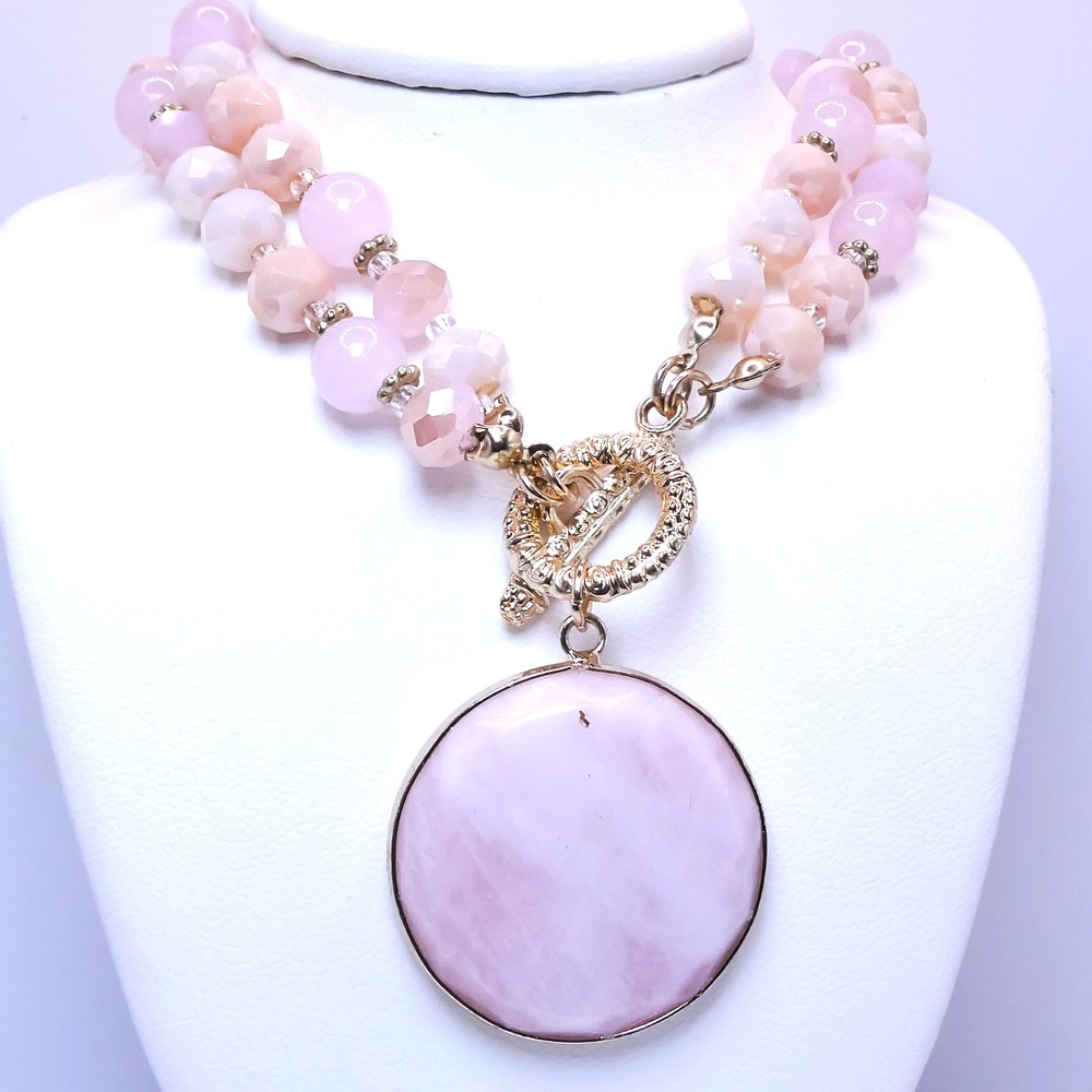 Pink Rose Quartz & Glass Double Strand Beaded Goldtone Toggle 18.5" Necklace